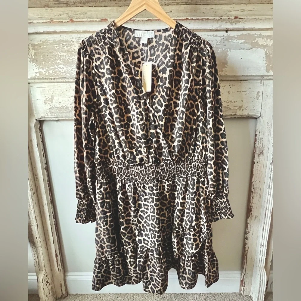 🟤NEW! MICHAEL KORS Smocked Waist Animal Print Dress in Brown/Ivory/Black Sz 1X